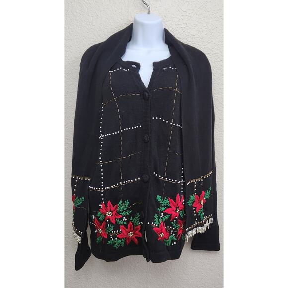 VTG Lemon Grass Black Red Christmas Poinsettia Embroidered Cardigan Sweater M - Picture 1 of 7